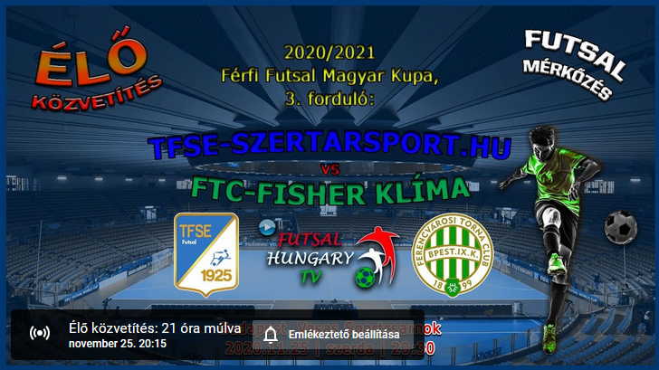 Férfi Futsal MK: TFSE-Szertarsport.hu – FTC-Fisher Klíma (2020.11.25, stream)